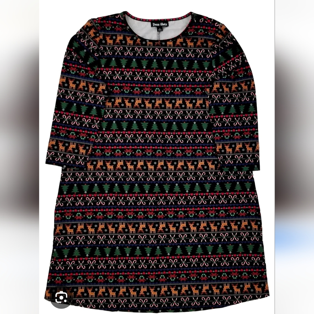 Women's Festive Holiday Patterned Dress - Multicolor EUC Size L